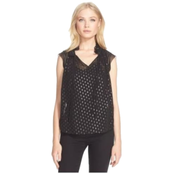 Rebecca Taylor $298 Women's 0 XS Black Metallic Print Ruffle Tie Neck Blouse - Picture 1 of 9